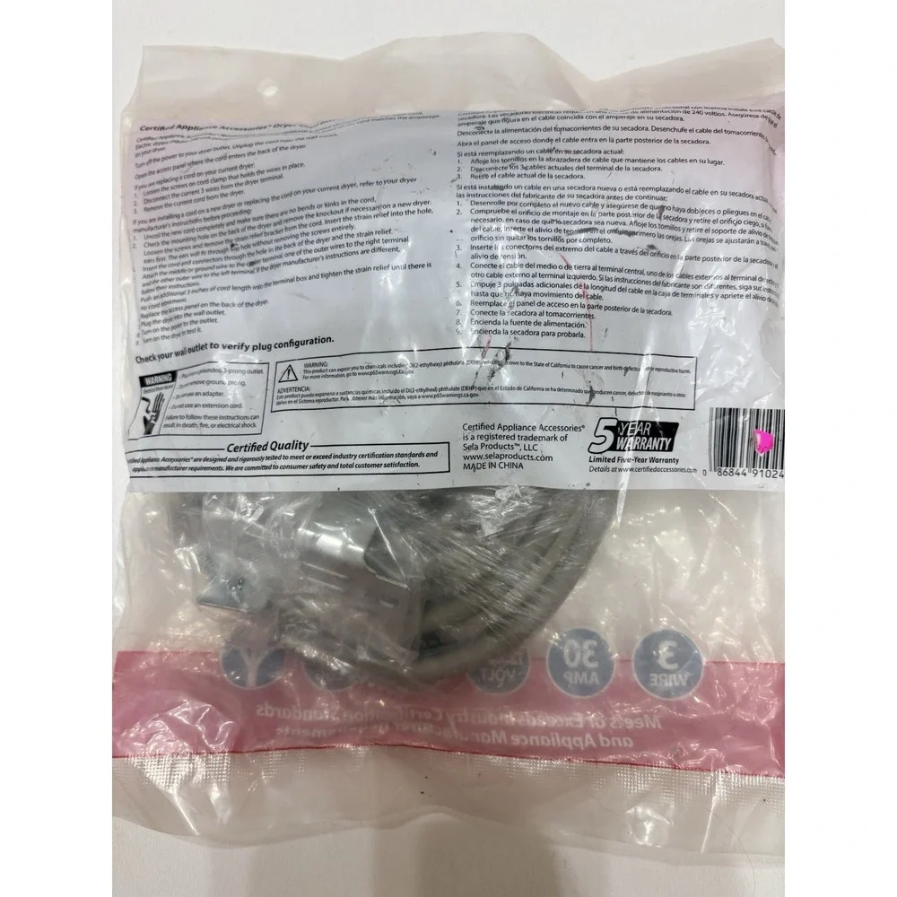 Certified Appliance Accessories Electric Dryer Cord 4 ft 3 Wire 30 Amp 125/250 V